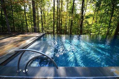 Modelo de piscina alargada moderna grande rectangular en patio trasero con suelo de hormigón estampado