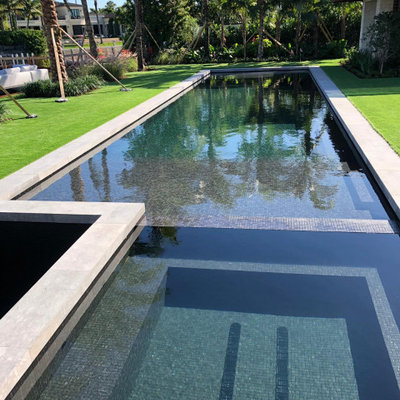 Large trendy backyard rectangular lap pool house photo in Miami with decking