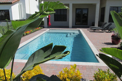 Inspiration for a mid-sized modern backyard brick and rectangular pool remodel in Miami