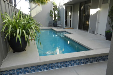 Mid-sized trendy courtyard concrete and rectangular lap pool photo in Calgary