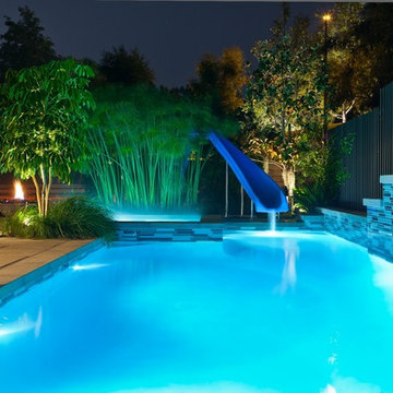 Night-time view of pool and spa
