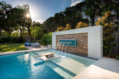 Inspiration pour une grande piscine arrière minimaliste rectangle avec une terrasse en bois.