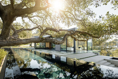 Immagine di una piscina a sfioro infinito minimalista rettangolare dietro casa con lastre di cemento