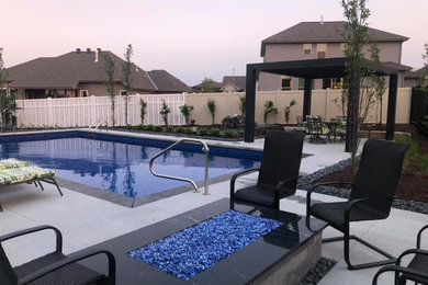 Modelo de piscina actual de tamaño medio rectangular en patio trasero con paisajismo de piscina y adoquines de hormigón