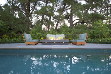 Large back rectangular lengths swimming pool in San Francisco with natural stone paving and a water feature.