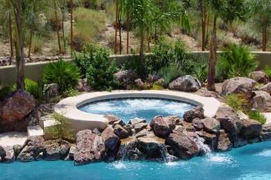 Mid-sized trendy backyard concrete and kidney-shaped pool fountain photo in Phoenix