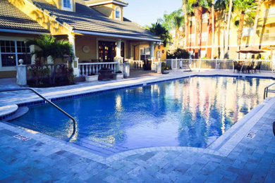 Large elegant backyard stone and rectangular lap pool photo in Tampa