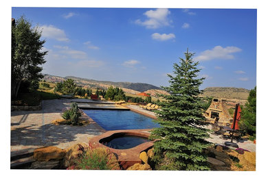 Expansive back rectangular swimming pool in Denver with a pool house and brick paving.