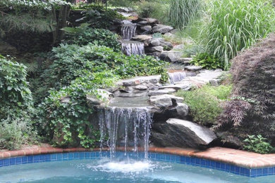 This is an example of a medium sized back custom shaped natural swimming pool in DC Metro with a water feature and brick paving.