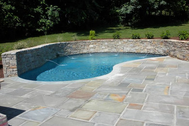 Modelo de piscina en patio trasero con adoquines de piedra natural