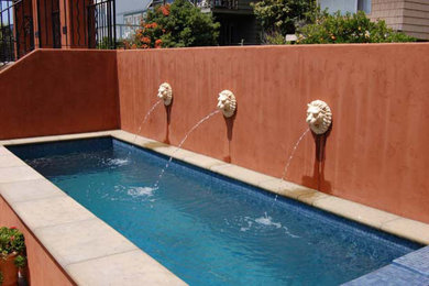 Imagen de piscina con fuente actual de tamaño medio en patio