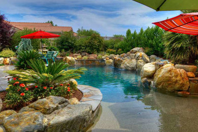 Ejemplo de piscina con fuente natural tropical grande tipo riñón en patio trasero con losas de hormigón