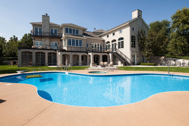 Imagen de piscinas y jacuzzis elevados actuales grandes tipo riñón en patio trasero con losas de hormigón