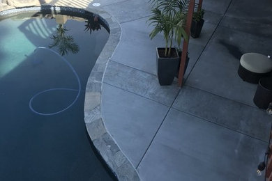 Diseño de piscina con tobogán natural tradicional de tamaño medio tipo riñón en patio trasero con losas de hormigón