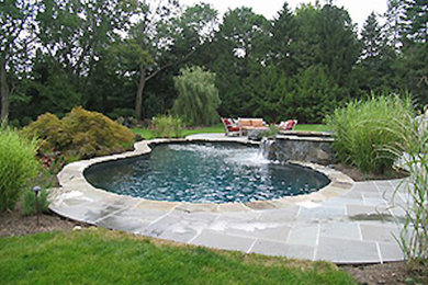 Diseño de piscina clásica de tamaño medio tipo riñón en patio trasero con adoquines de piedra natural
