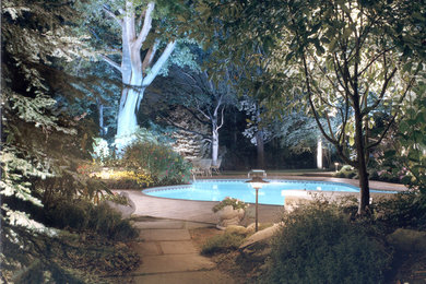 Example of a mid-sized classic backyard custom-shaped and brick lap pool design in Cleveland
