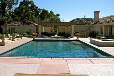 Стильный дизайн: огромный прямоугольный бассейн на заднем дворе в современном стиле с джакузи и покрытием из бетонных плит - последний тренд