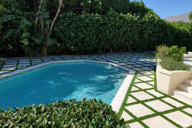 Imagen de piscina costera a medida en patio trasero con adoquines de piedra natural