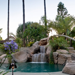 Photo of a tropical natural pool in Orange County with a water slide.