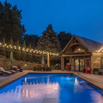 Outdoor Pool Landscape Lighting Design with Bistro Lights - Omaha, Nebraska