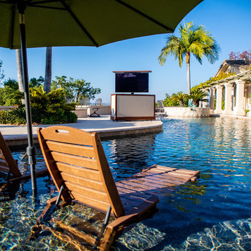 Outdoor TV lift Sunbrella cabinet to protect & watch TV by pool area