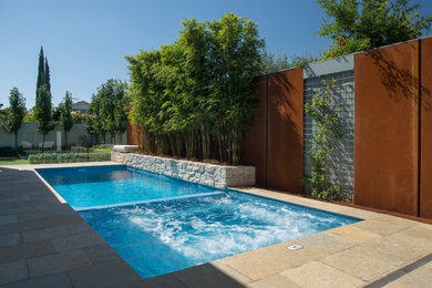 Aménagement d'une piscine latérale moderne de taille moyenne et rectangle avec un bain bouillonnant et des pavés en pierre naturelle.