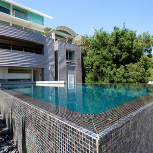 Immagine di un'ampia piscina monocorsia moderna personalizzata dietro casa con pedane
