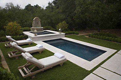 Imagen de piscina clásica pequeña rectangular en patio trasero con suelo de hormigón estampado