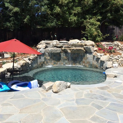 Hot tub - mid-sized traditional backyard stone and custom-shaped natural hot tub idea in Sacramento