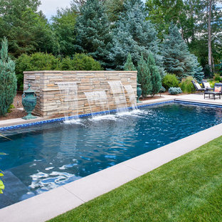 Large contemporary backyard rectangular lap pool in Denver with a water feature.