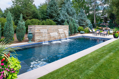 Ispirazione per una grande piscina monocorsia design rettangolare dietro casa con fontane