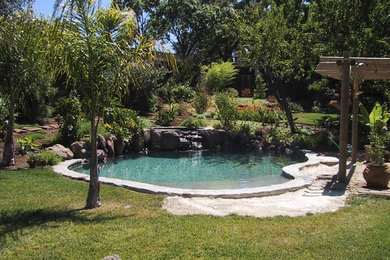 Modelo de piscina con fuente natural de estilo zen de tamaño medio a medida en patio trasero con adoquines de hormigón