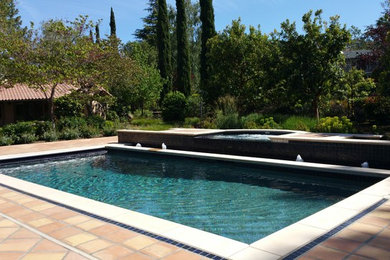 Esempio di una piscina monocorsia mediterranea rettangolare di medie dimensioni e dietro casa con fontane e piastrelle