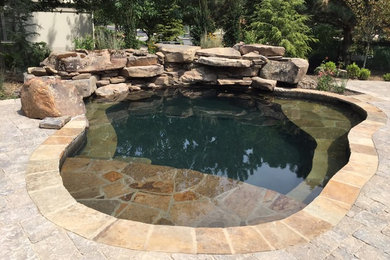 Mid-sized mountain style backyard concrete paver and custom-shaped natural pool photo in Kansas City