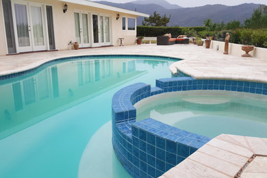 Mid-sized minimalist backyard custom-shaped and stone lap hot tub photo in Los Angeles