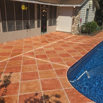 Pool Deck & Patio: Custom Diamond Pattern & Stained Concrete Overlay