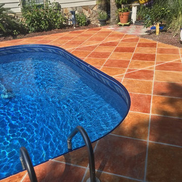 Pool Deck & Patio: Custom Diamond Pattern & Stained Concrete Overlay