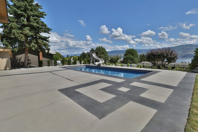 Esempio di una grande piscina design rettangolare dietro casa con un acquascivolo e lastre di cemento