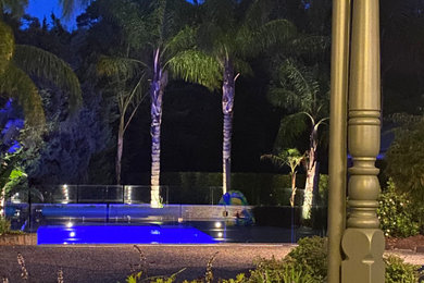 Modelo de piscina alargada actual grande rectangular en patio trasero con paisajismo de piscina