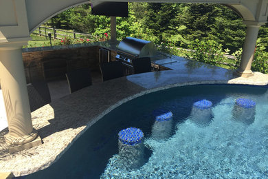 Pool house - large contemporary backyard stone and custom-shaped natural pool house idea in Philadelphia
