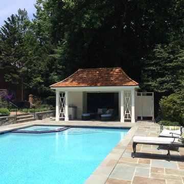 Pool House with Shingle Roof, Pool, Spa, and Stone Deck