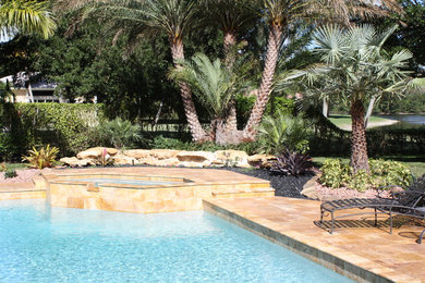 Cette photo montre une grande piscine naturelle et arrière exotique rectangle avec un bain bouillonnant et des pavés en pierre naturelle.