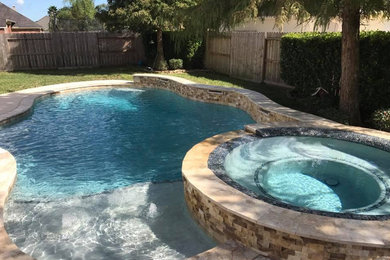 Modelo de piscina natural de estilo americano de tamaño medio a medida en patio trasero con losas de hormigón
