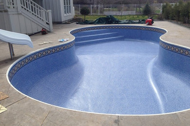 Medium sized classic back custom shaped swimming pool in Minneapolis with concrete paving.