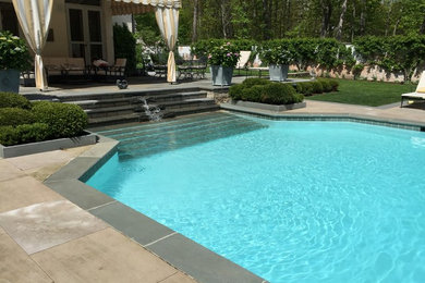 Стильный дизайн: прямоугольный бассейн среднего размера на заднем дворе в стиле неоклассика (современная классика) - последний тренд