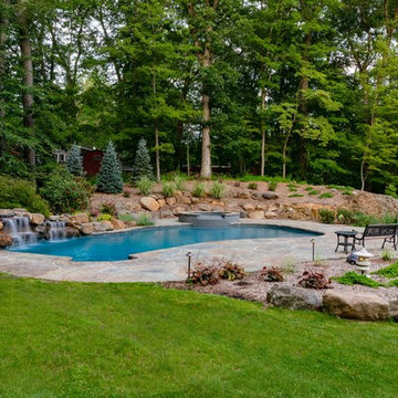 Pool, Spa and Outdoor Shower with Stamped Concrete Deck