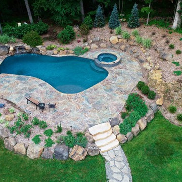 Pool, Spa and Outdoor Shower with Stamped Concrete Deck