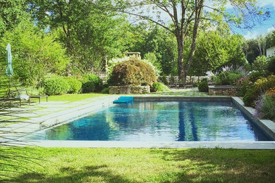 На фото: прямоугольный бассейн среднего размера на заднем дворе в современном стиле с покрытием из каменной брусчатки и джакузи
