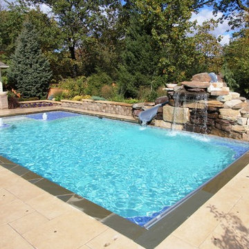 Pool with oversized tanning ledges and fire feature water slide