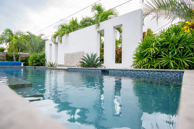 Diseño de piscina con fuente exótica de tamaño medio rectangular en patio trasero con entablado